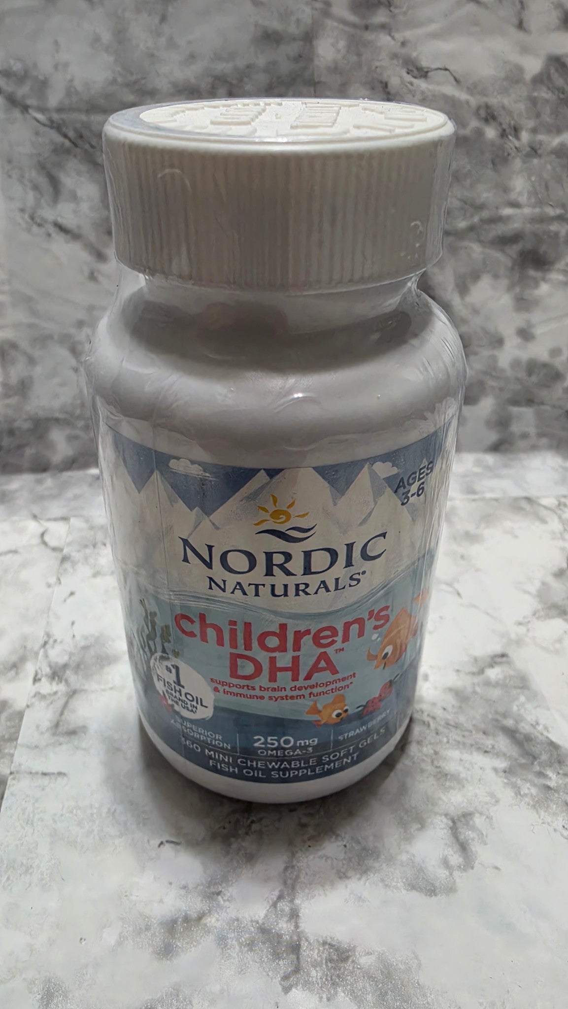 Actual sealed Nordic Naturals Children's DHA strawberry bottle, 360 mini chewable soft gels