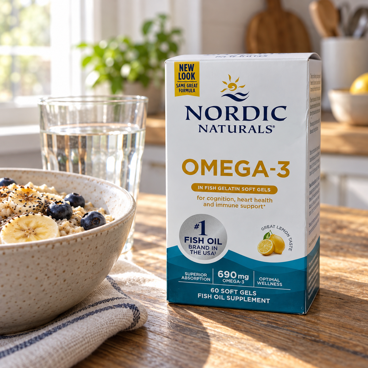 Nordic Naturals fish-gelatin Omega-3 carton beside breakfast and a glass of water