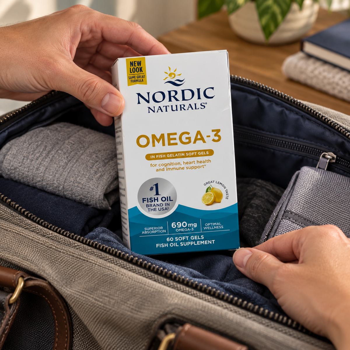 Placing a Nordic Naturals Omega-3 fish-gelatin carton into a bag