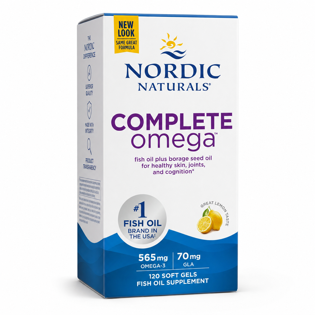 AI-generated angled product image of Nordic Naturals Complete Omega 120 soft gels retail box.