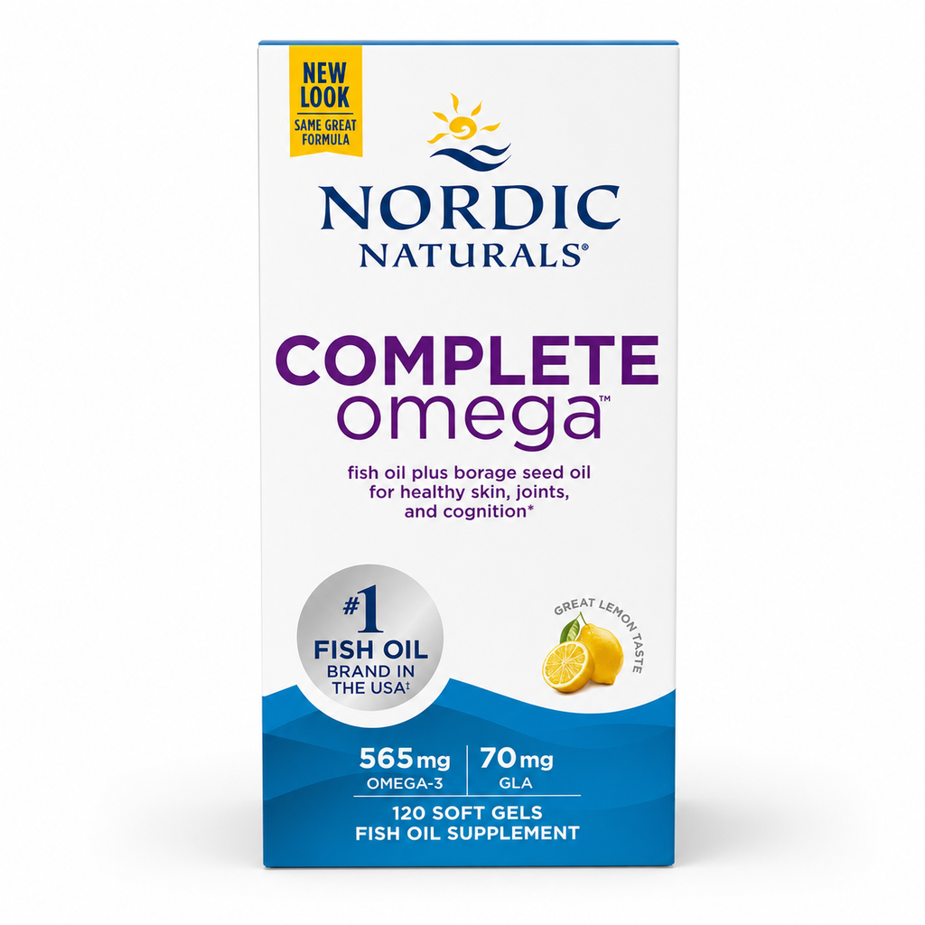 AI-generated clean front catalog image of Nordic Naturals Complete Omega 120 soft gels, lemon flavor.