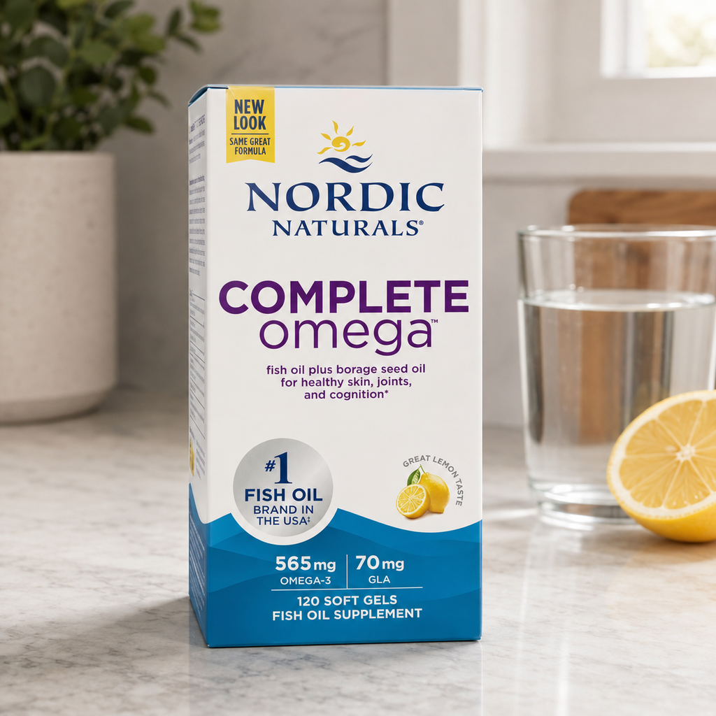 AI-generated kitchen-counter lifestyle image of Nordic Naturals Complete Omega 120 soft gels with lemon flavor context.