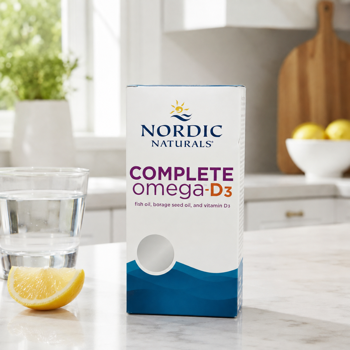AI-generated context image of Nordic Naturals Complete Omega-D3 120 soft gels on a kitchen counter