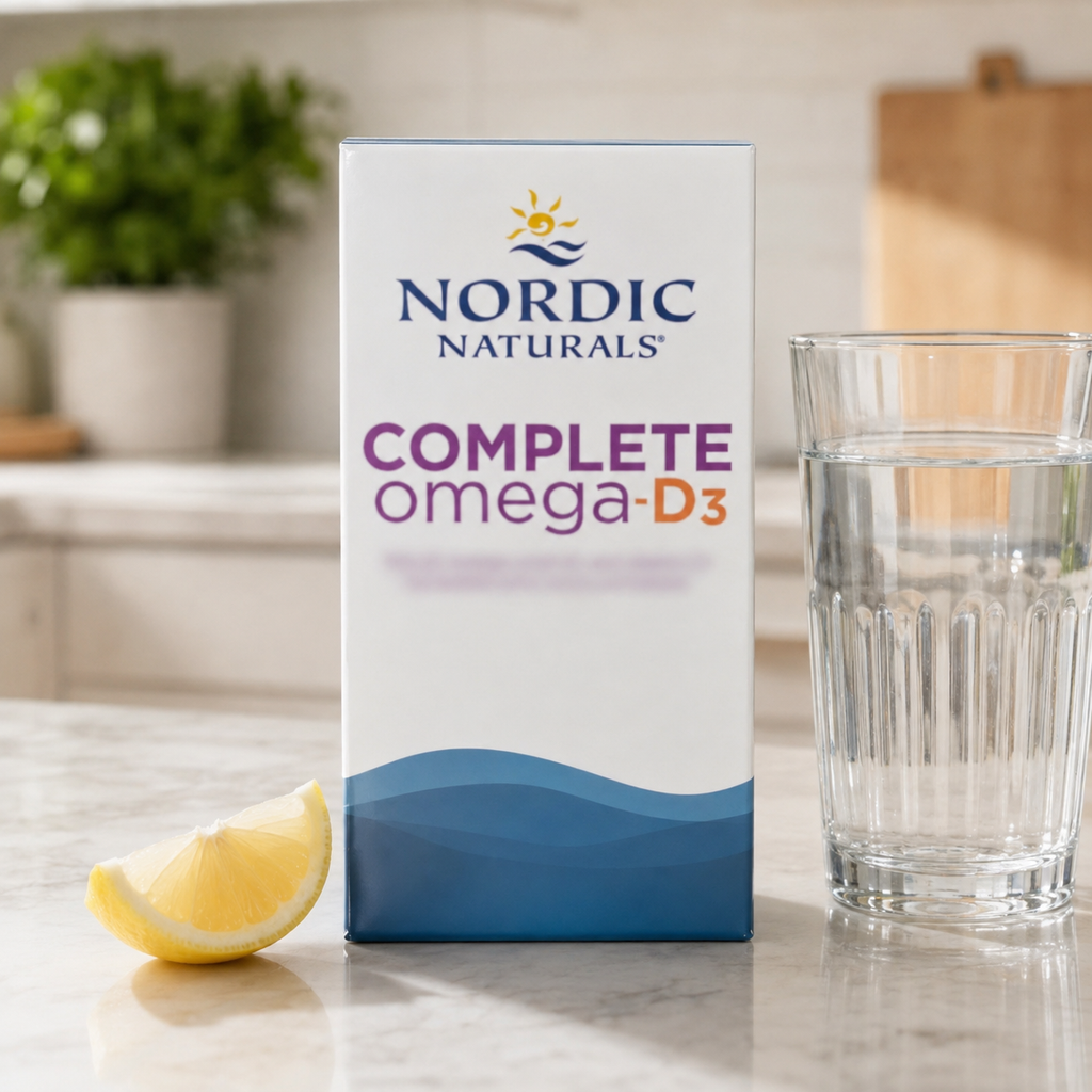 AI-generated context image of Nordic Naturals Complete Omega-D3 120 soft gels with water and lemon