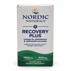 AI-edited studio image of Nordic Naturals Recovery Plus 45-soft-gel retail box with visible carton wear