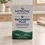 AI-styled illustrative counter scene with Nordic Naturals Recovery Plus 45-soft-gel retail box; props not included