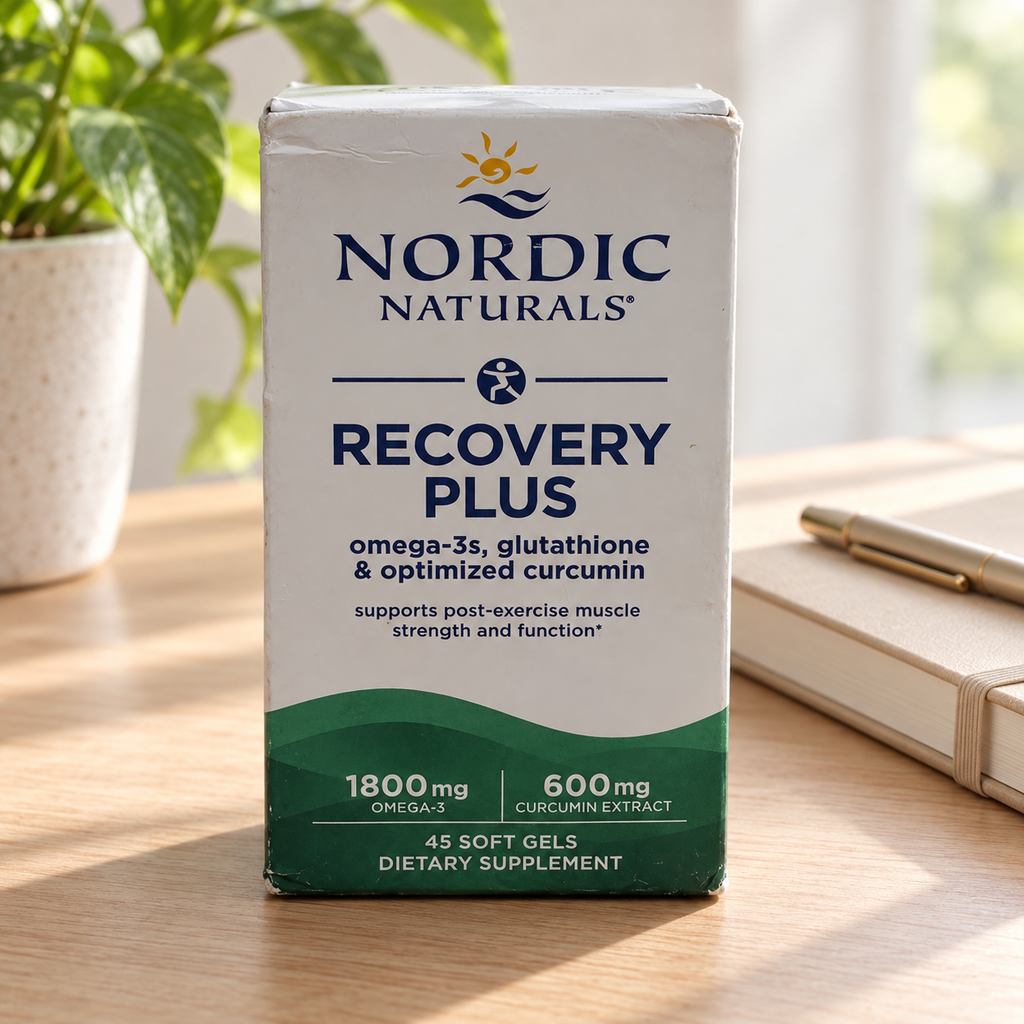 AI-styled illustrative organized scene with Nordic Naturals Recovery Plus 45-soft-gel retail box; props not included