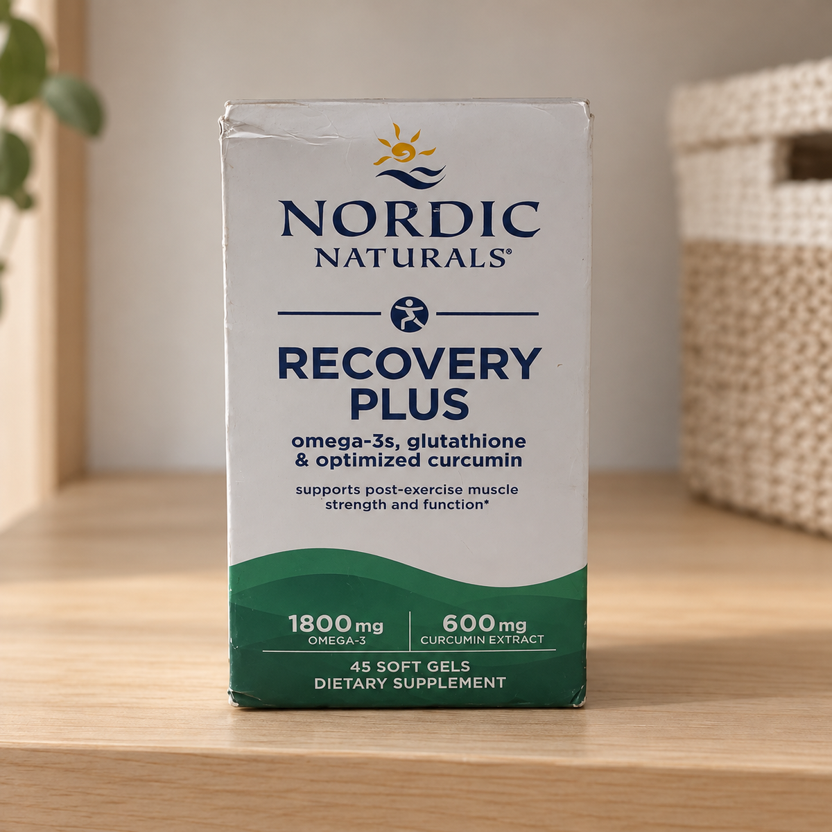 AI-styled illustrative shelf scene with Nordic Naturals Recovery Plus 45-soft-gel retail box; props not included
