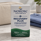 AI-styled illustrative travel scene with Nordic Naturals Recovery Plus 45-soft-gel retail box; props not included