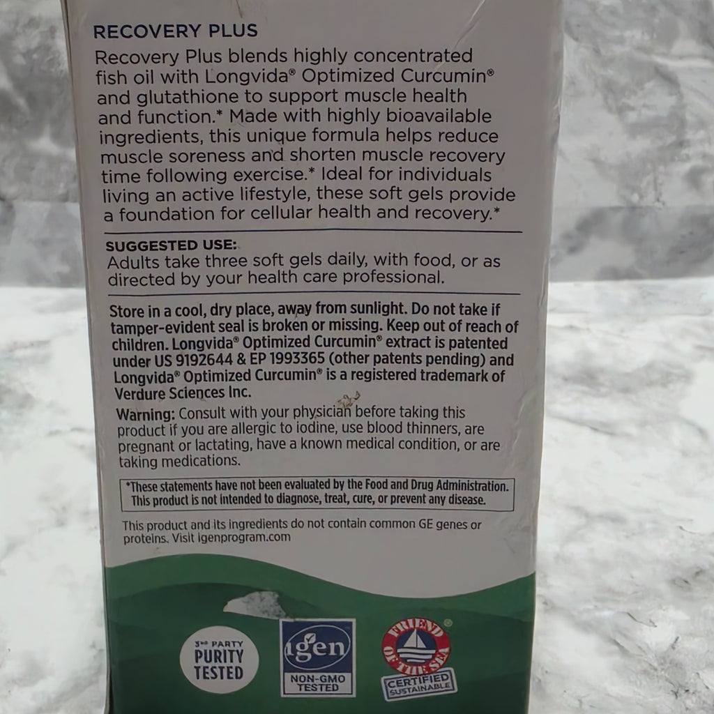 Original photograph of actual Nordic Naturals Recovery Plus box directions, warning label and carton wear
