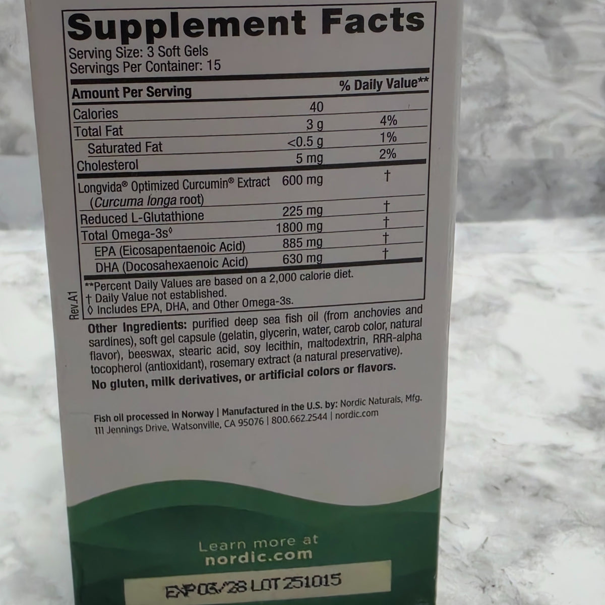 Original photograph of actual Nordic Naturals Recovery Plus Supplement Facts, fish and soy ingredients, and EXP 06/28