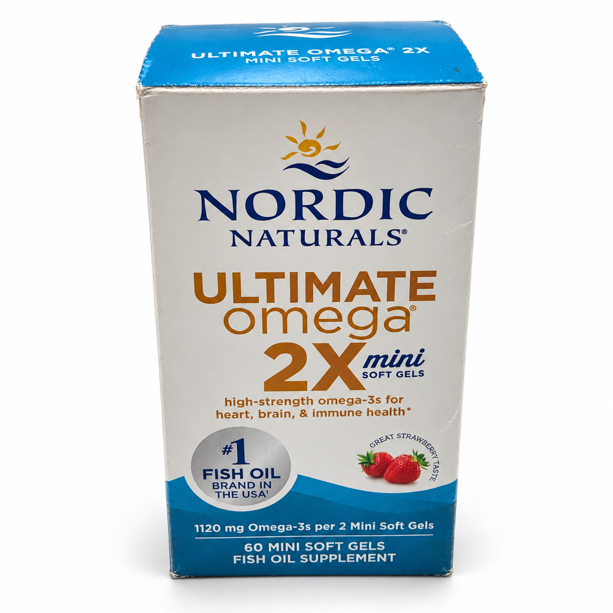 AI-edited studio image of Nordic Naturals Ultimate Omega 2X Mini Strawberry 60-soft-gel box