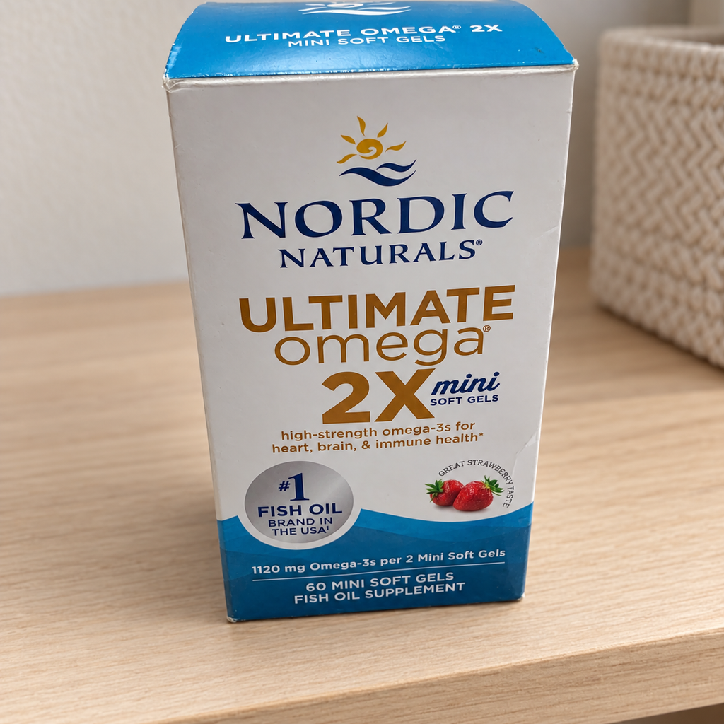 AI-styled illustrative shelf scene with Nordic Naturals Ultimate Omega 2X Mini Strawberry box; props not included