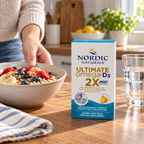 Nordic Naturals Ultimate Omega-D3 2X Mini 60-count carton beside a bowl of breakfast oatmeal