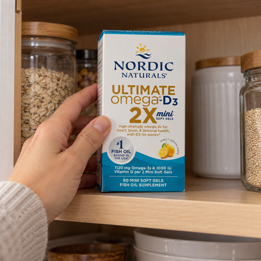 Nordic Naturals Ultimate Omega-D3 2X Mini carton being retrieved from a kitchen cupboard