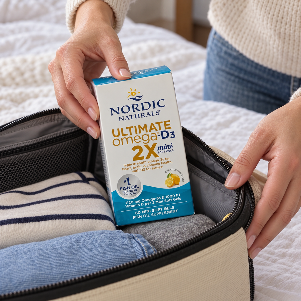 Nordic Naturals Ultimate Omega-D3 2X Mini carton being packed in a travel pouch