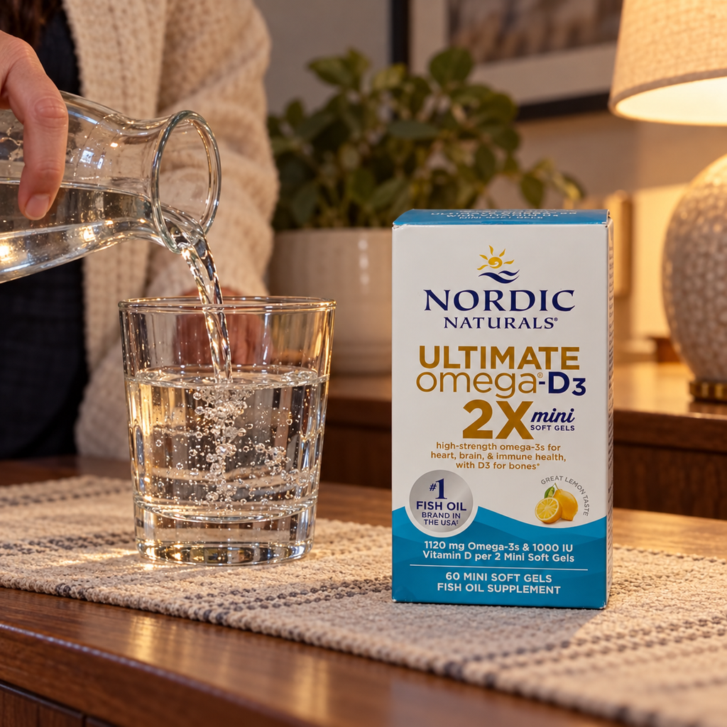 Nordic Naturals Ultimate Omega-D3 2X Mini carton beside a glass as water is poured