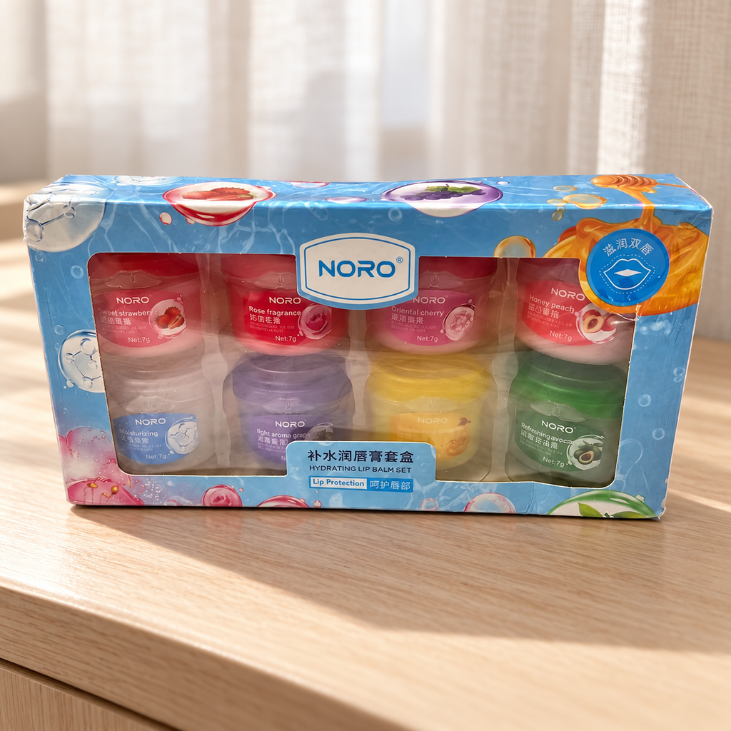 AI-generated lifestyle scene of the NORO eight-pot lip balm set in its retail box; props not included.