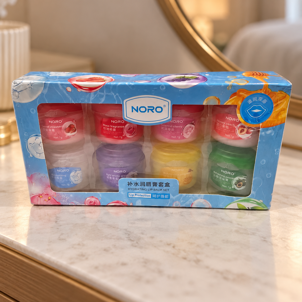 AI-generated lifestyle scene of the NORO eight-pot lip balm set in its retail box; props not included.