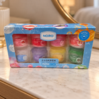 AI-generated lifestyle scene of the NORO eight-pot lip balm set in its retail box; props not included.