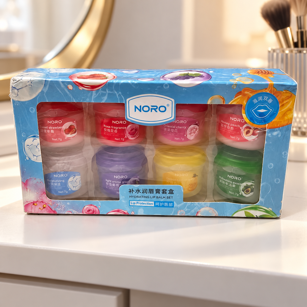 AI-generated lifestyle scene of the NORO eight-pot lip balm set in its retail box; props not included.