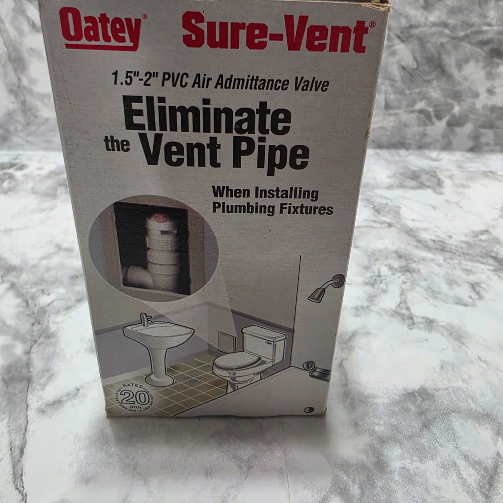 Original photograph of actual Oatey Sure-Vent 20 DFU retail box and shelf wear