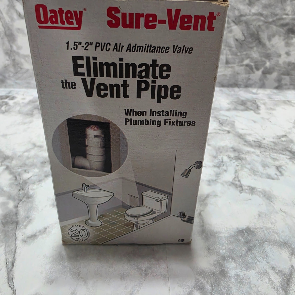 Original photograph of actual Oatey Sure-Vent 20 DFU retail box and shelf wear