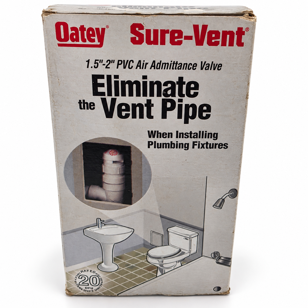 AI-edited studio image of Oatey Sure-Vent 39016 retail box, marked 20 DFU