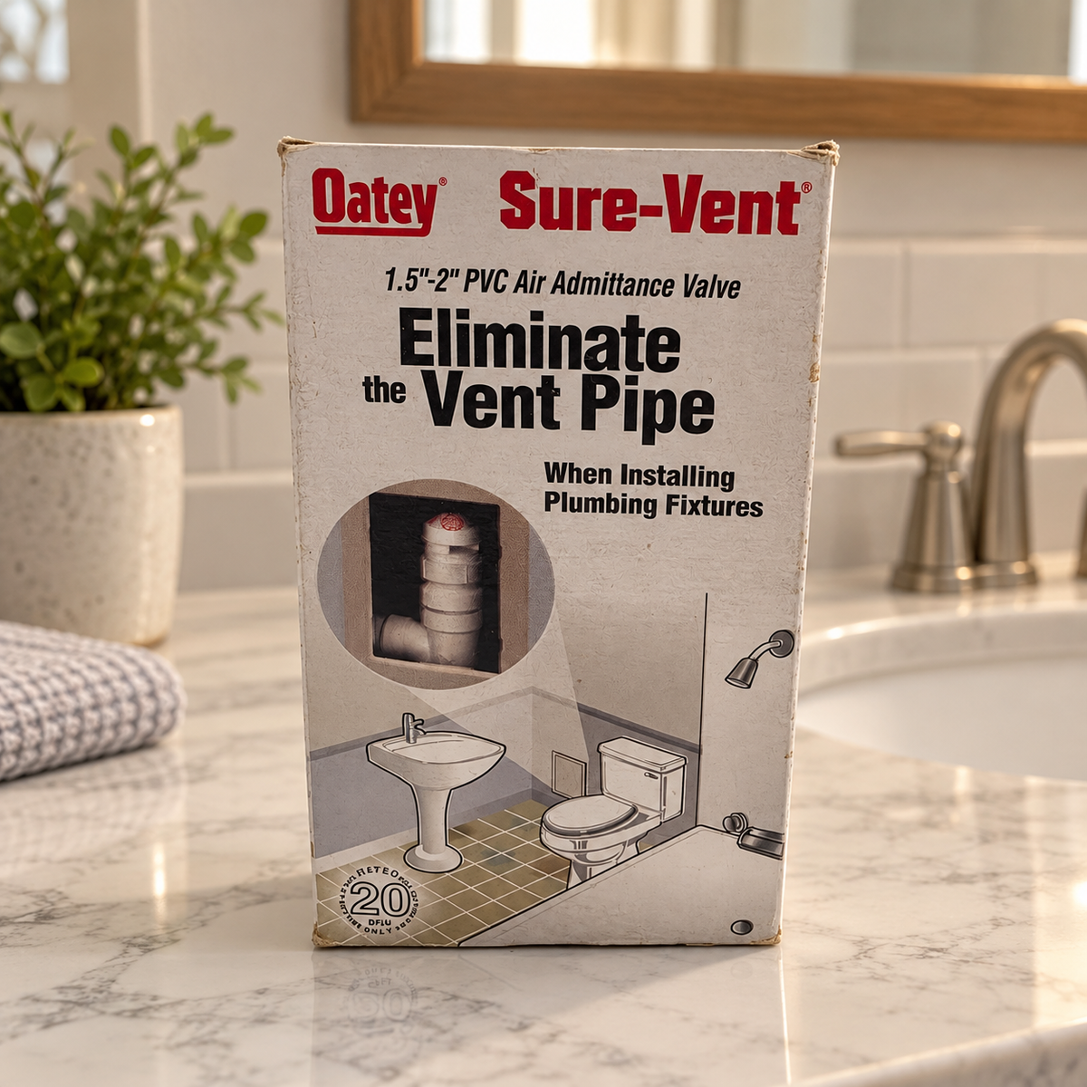 AI-styled illustrative bathroom scene with Oatey Sure-Vent 39016 retail box; contents not shown
