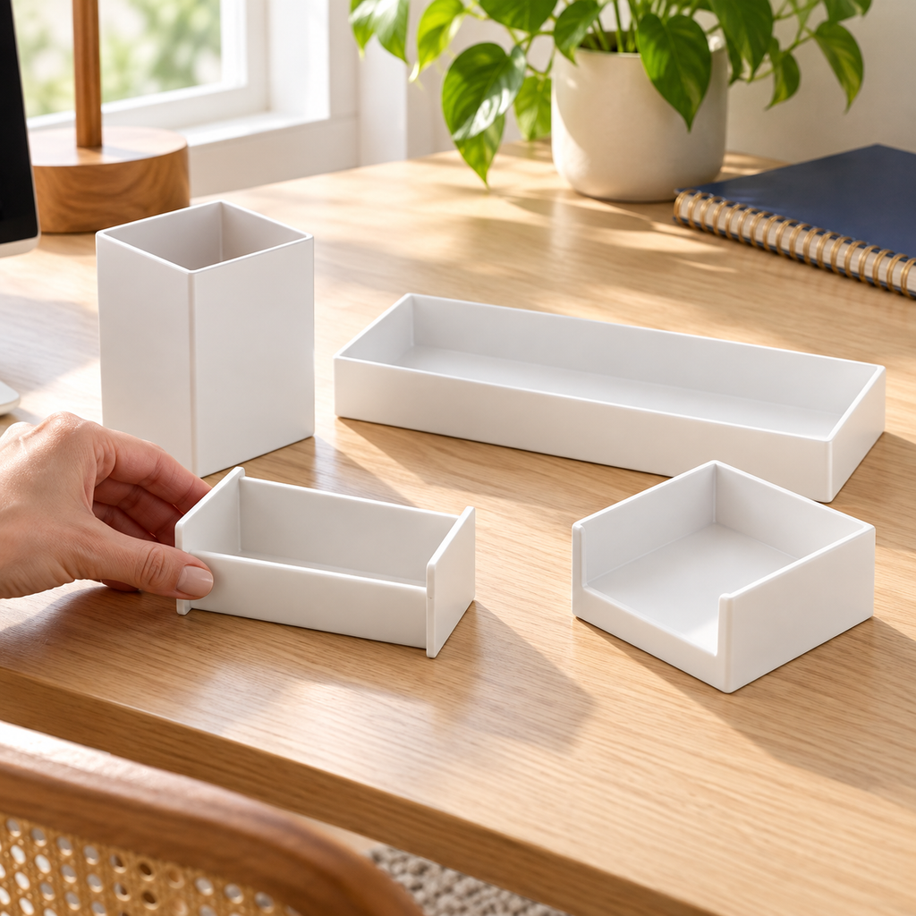 Arranging the four separate white Officemate organizers on a study desk