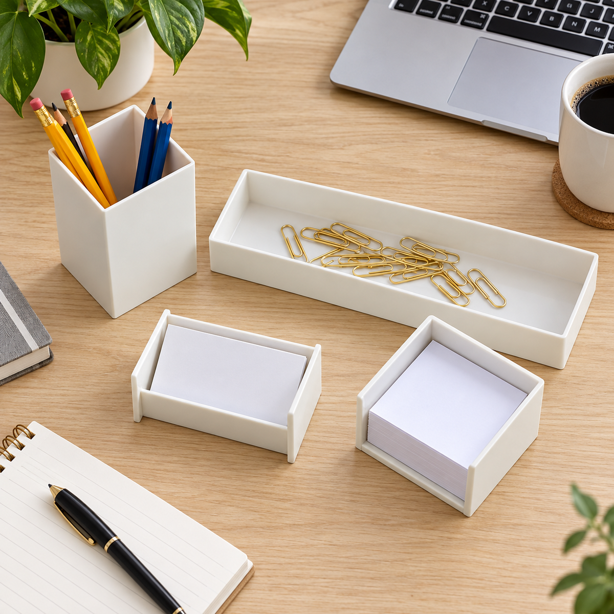 White Officemate pencil cup, note holder, card holder and tray organizing desk supplies
