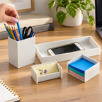 Hand taking a pencil from the white Officemate desk organizer set
