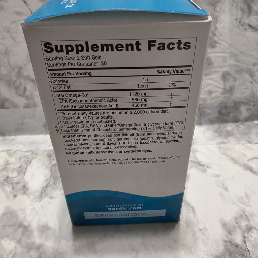 Original photograph of actual Ultimate Omega 2X Mini Strawberry box showing Supplement Facts and fish oil ingredients