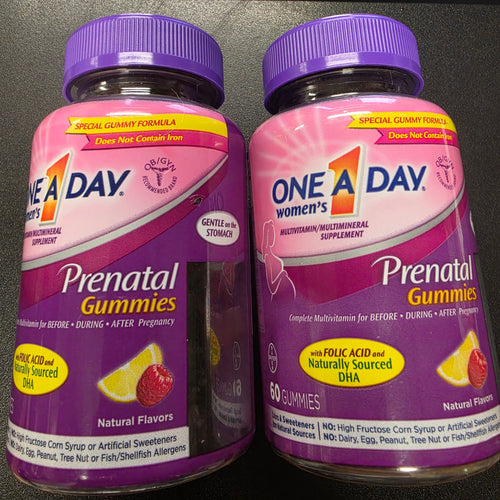 Two bottles of One A Day Women's Prenatal Gummies, 60 gummies each