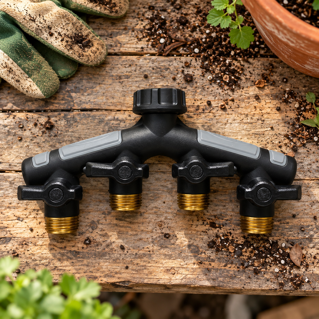 Orbit Pro Flo four-port hose manifold on an outdoor potting bench