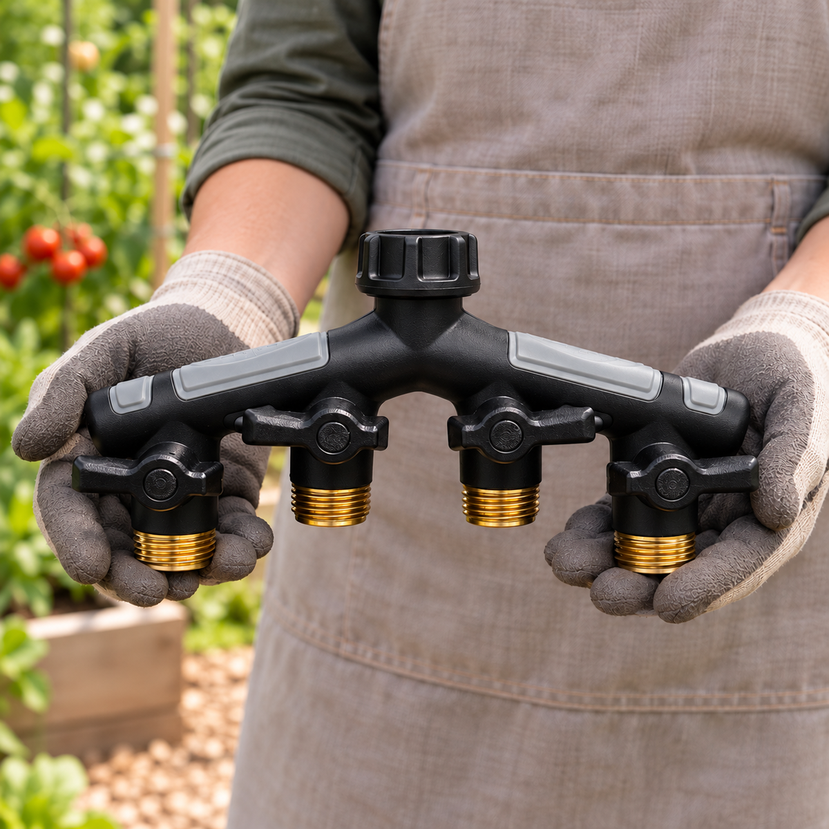 Gloved hands holding the Orbit four-port hose manifold in a garden