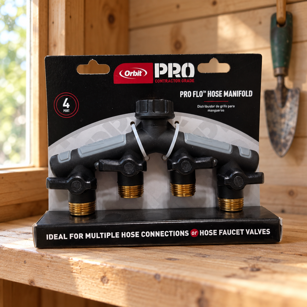 Orbit Pro Flo four-port hose manifold in its retail package on a garden shed shelf