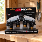 Orbit Pro Flo four-port hose manifold in its retail package on a garden shed shelf