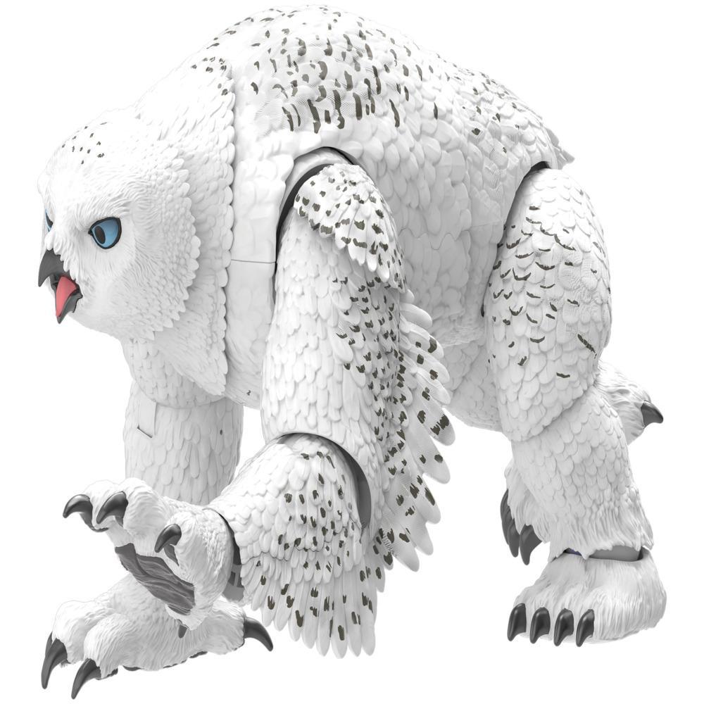 Close view of the white and gray Owlbear/Doric figure, showing blue eyes, feather texture and articulated limbs.