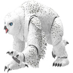 Close view of the white and gray Owlbear/Doric figure, showing blue eyes, feather texture and articulated limbs.