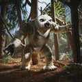 Owlbear/Doric figure posed upright with raised arms in a woodland display.
