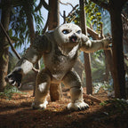 Owlbear/Doric figure posed upright with raised arms in a woodland display.