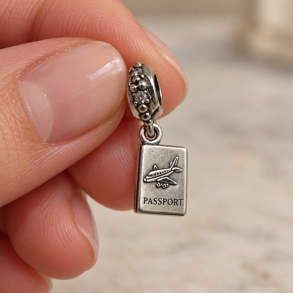 Close view of the passport dangle charm held by its decorative bail