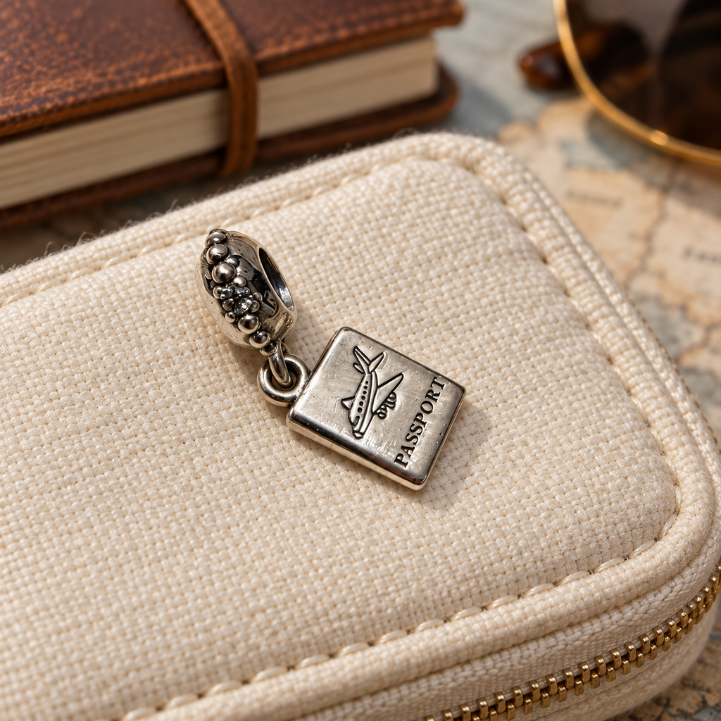 Silver passport charm on a linen travel pouch beside a journal