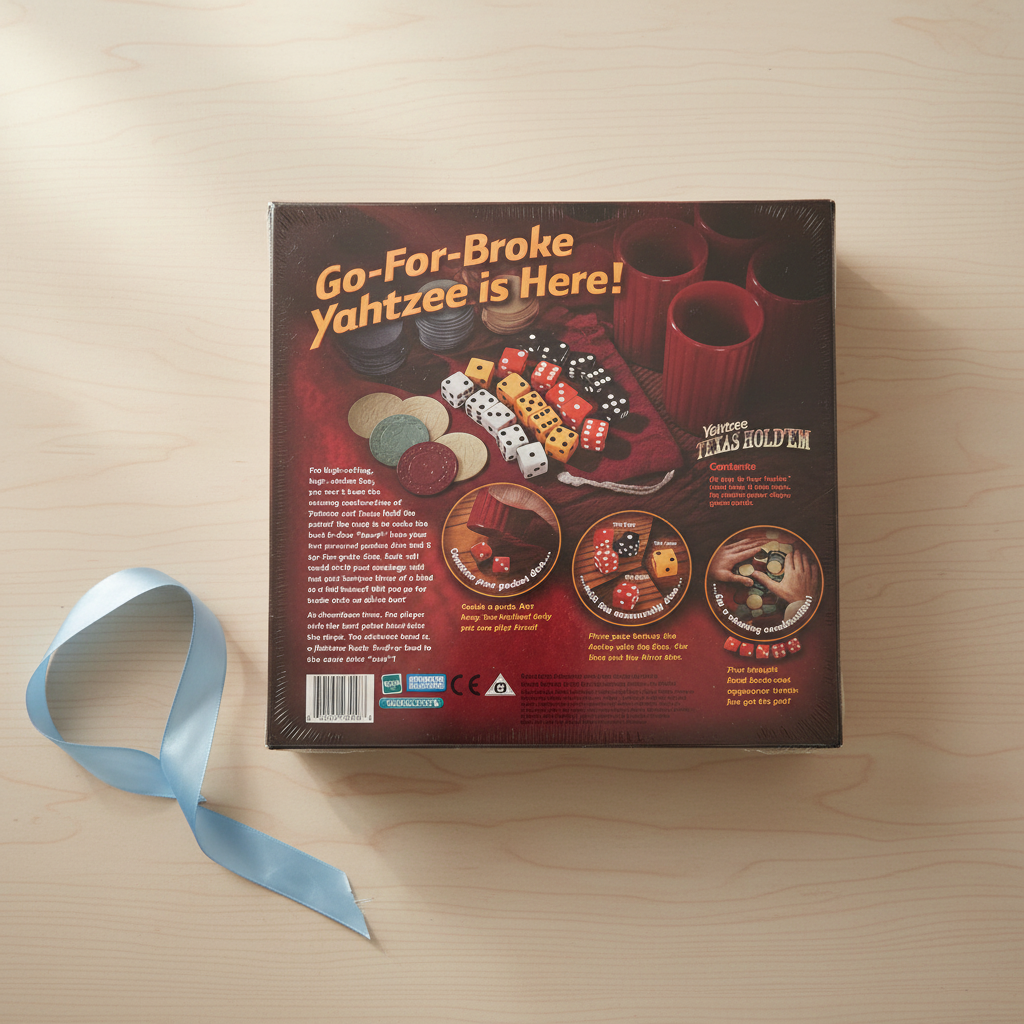AI-generated background composite using the genuine stocked product photo. Gift-ready tabletop with an unmarked ribbon beside the package.