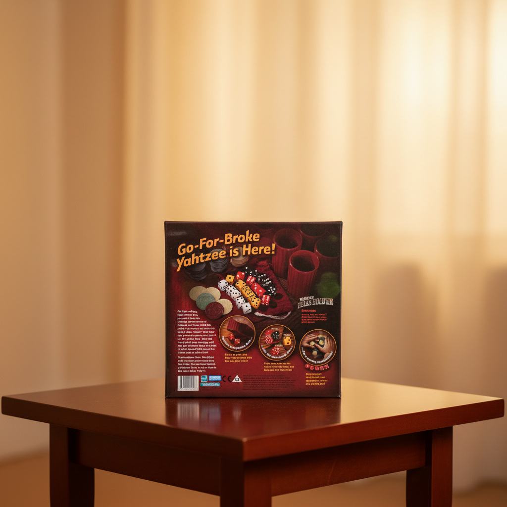 AI-generated background composite using the genuine stocked product photo. Warm empty polished-wood side-table scene with soft ambient light.