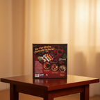 AI-generated background composite using the genuine stocked product photo. Warm empty polished-wood side-table scene with soft ambient light.