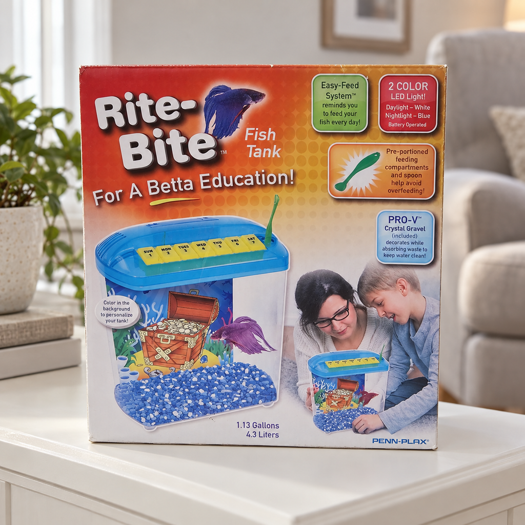 Penn-Plax Rite-Bite 1.13-gallon aquarium kit box on a home console, styled lifestyle illustration.
