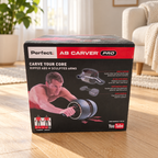 AI-styled illustrative apartment scene with Perfect Fitness Ab Carver Pro retail box; contents not shown