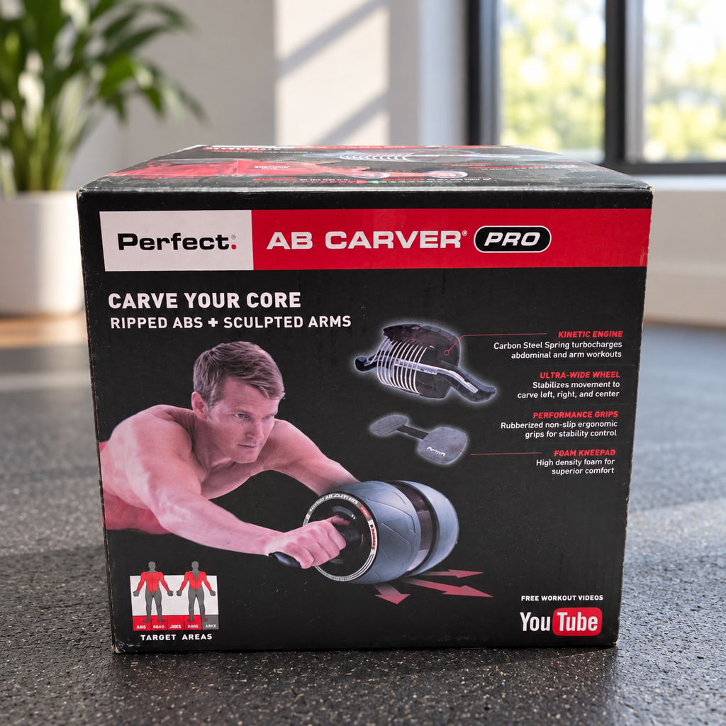 AI-styled illustrative home gym scene with Perfect Fitness Ab Carver Pro retail box; contents not shown